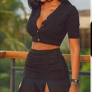 Short Sleeve Plain Button Design Top & High Slit Ruched Skirt Set